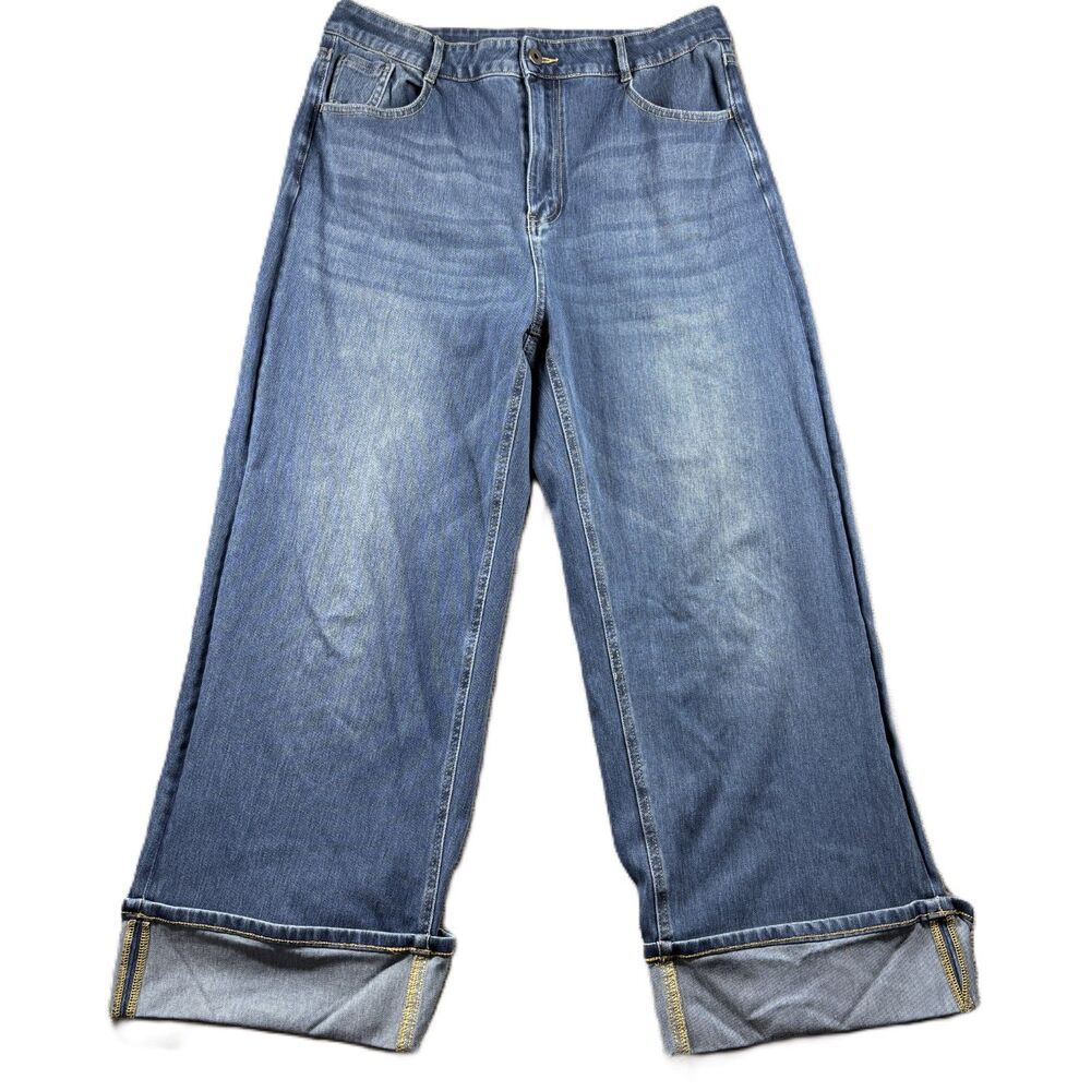 Halara Flex Jeans High Waisted Rolled Hem Wide Leg Pockets Stretch Large Q169